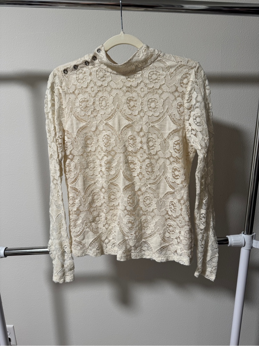 Anthropologie Cream Lace Mock Neck Long Sleeve Top with Button Detail